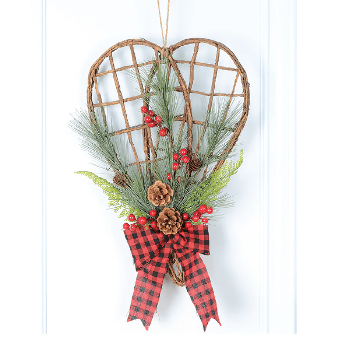 50 cm Hanging Wood Snowshoes with Decorated Pine, Buffalo Plaid Ribbon and Pinecones – Red/Black/Beige