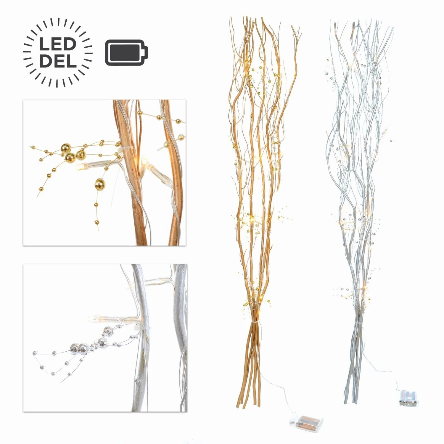 Assorted Painted Twig Branches with 20 LED Lights – Battery-Operated, Silver & Gold - Image 2