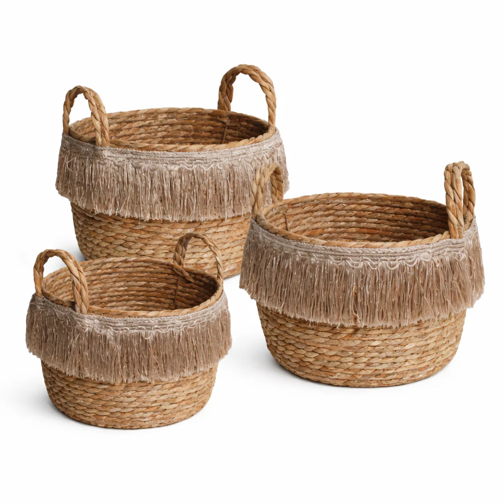 Natural Fiber Storage Baskets with Fringe – Set of 3