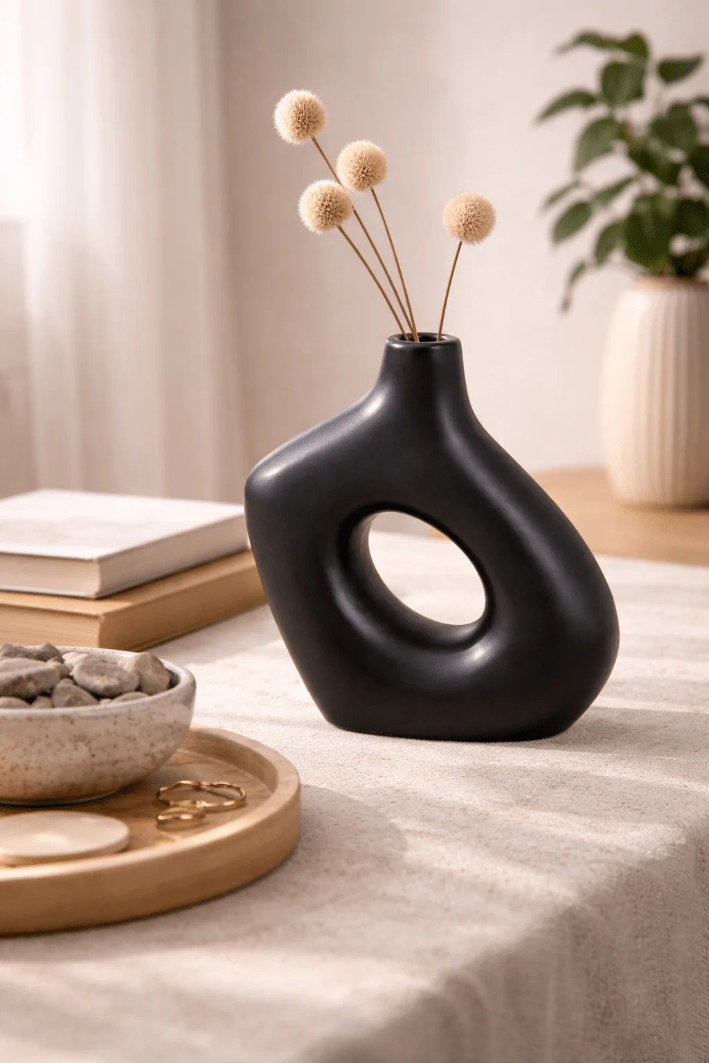 Black Sculptural Decorative Vase with Central Opening - Image 2