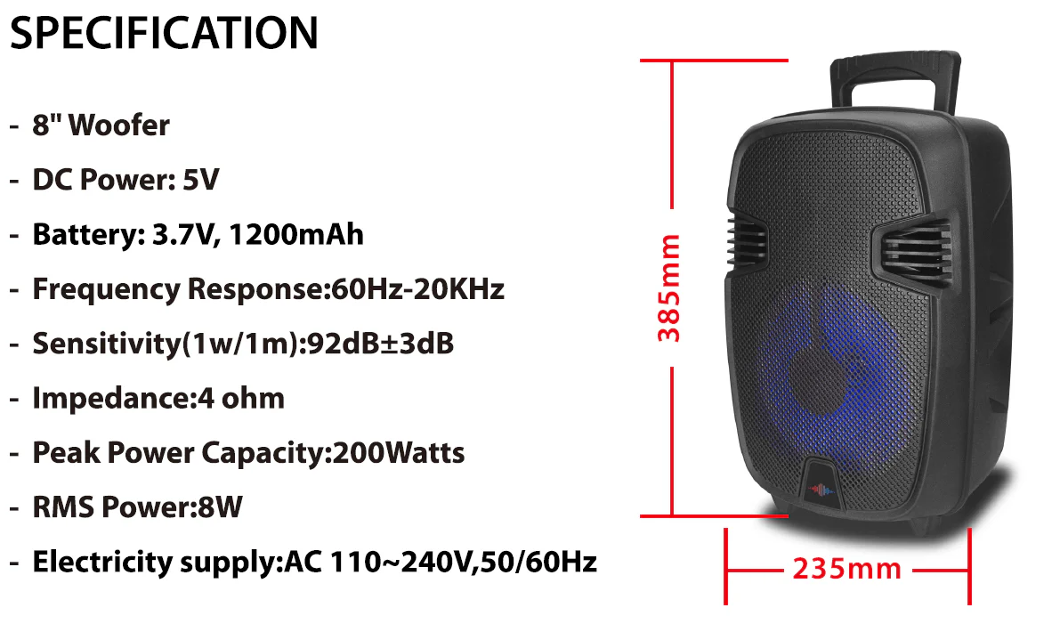 Wattson - Bluetooth 8" Rechargeable Speaker With Disco Light on Top , Front Control Panel , Trolley and Wheels - Image 3