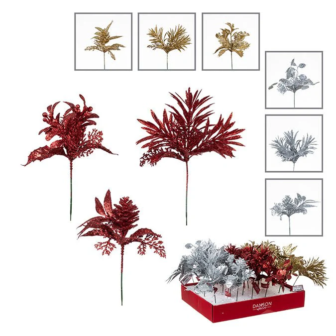 13cm Glitter Pick with Berry Pinecone, 12 Assorted (Red, Gold, Silver) – PDQ Display