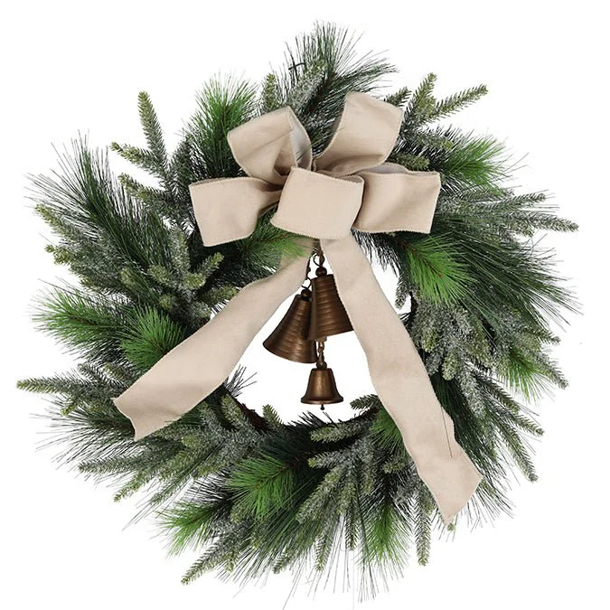 60 cm Mixed Pine Wreath with Fabric Ribbon and Bells – Green