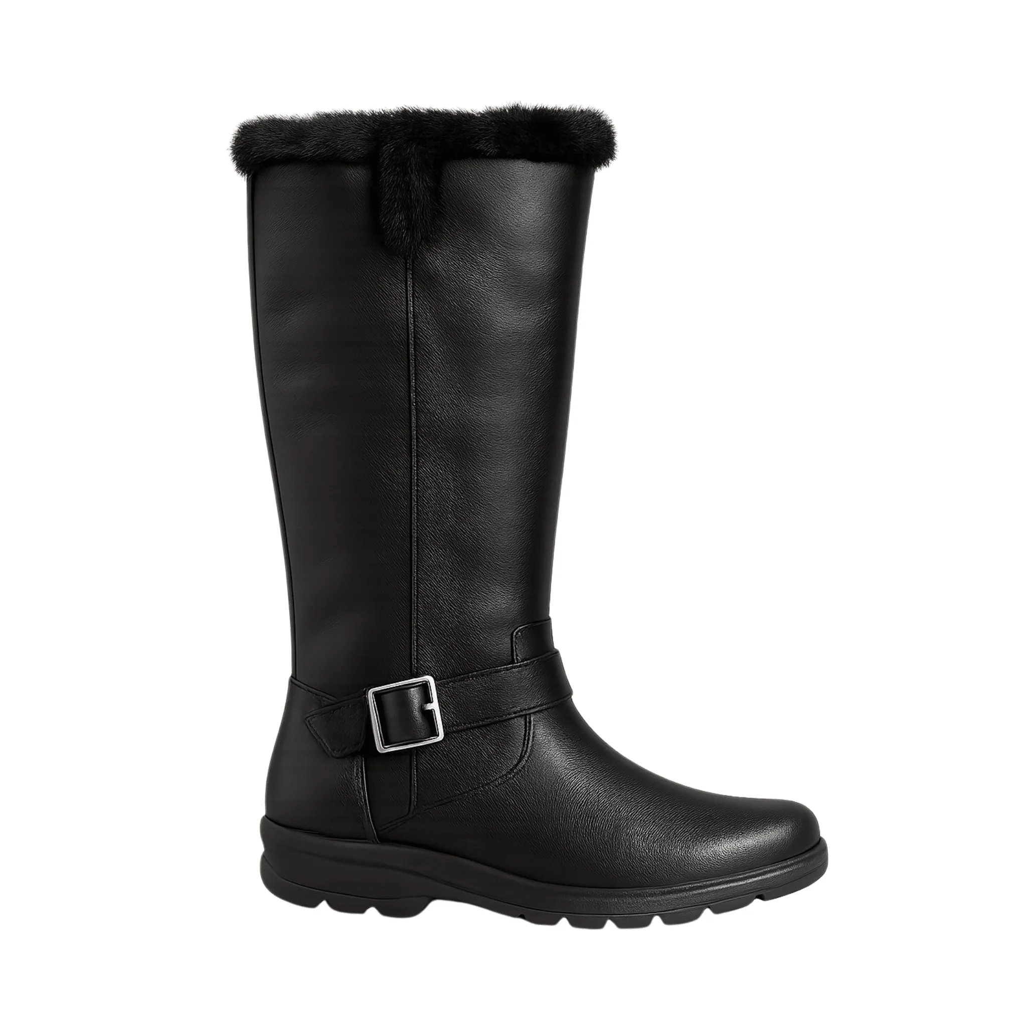 Faux Leather Mid-Calf Boots with Faux Fur Trim