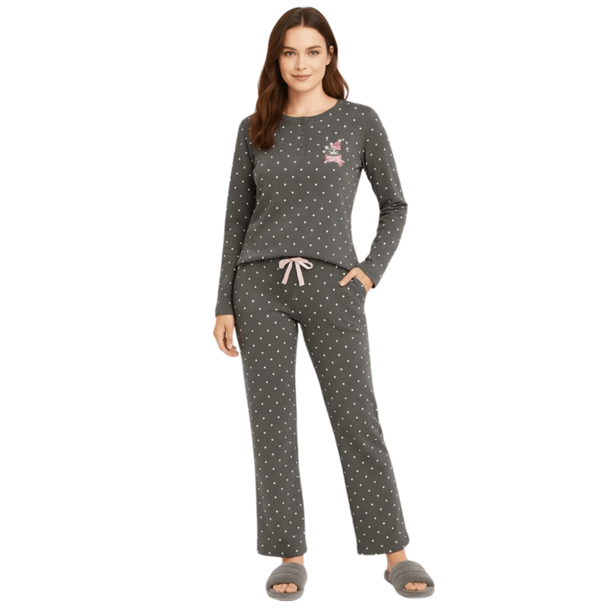 Women’s Printed Fleece Pajama Set – Polka Dots & Winter Motifs - Image 2