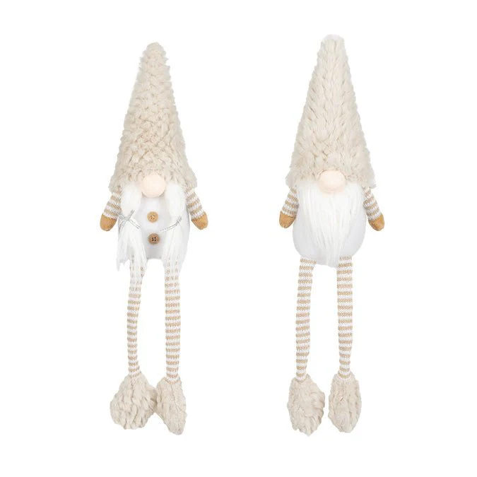 Fabric Sitting Santa Gnome with Dangling Legs, Fur Hat & Beard – 25cm (2 Assorted: Beige/Brown)