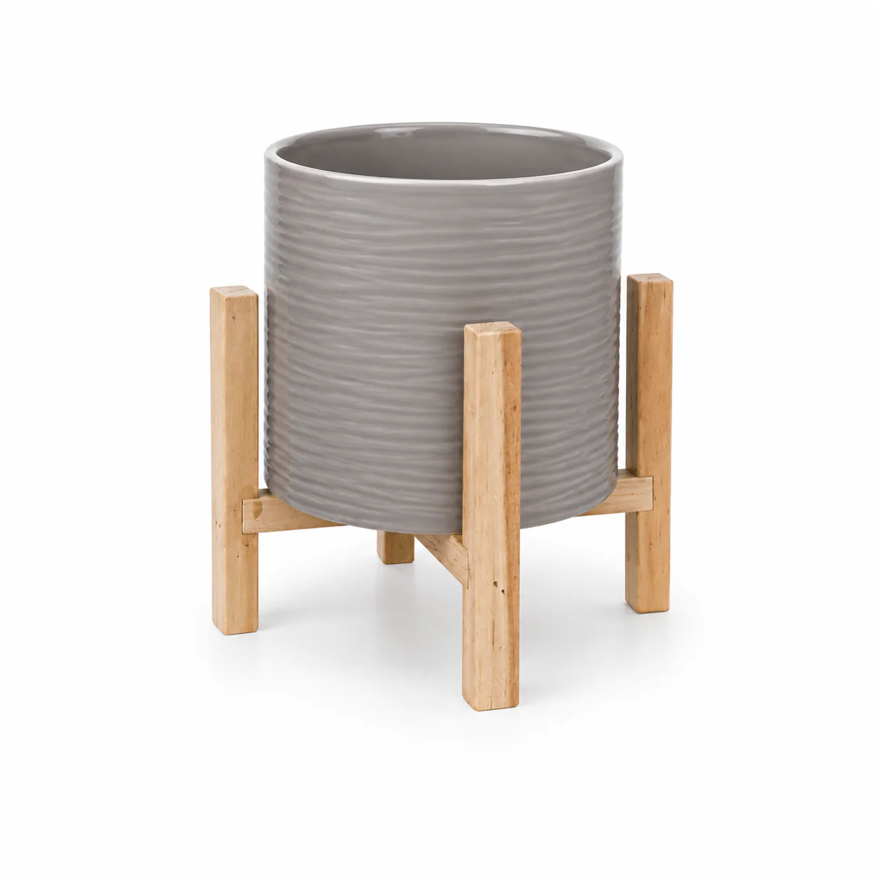 Grey textured ceramic planter on wooden stand (21 x 20 cm)