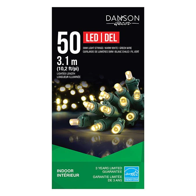 50 5MM LED LIGHTS, INDOOR, GREEN WIRE, WARM WHITE