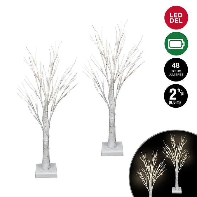 Set of 2 Battery-Operated Pre-Lit Birch Trees – 48 Warm White LEDs (60 cm)