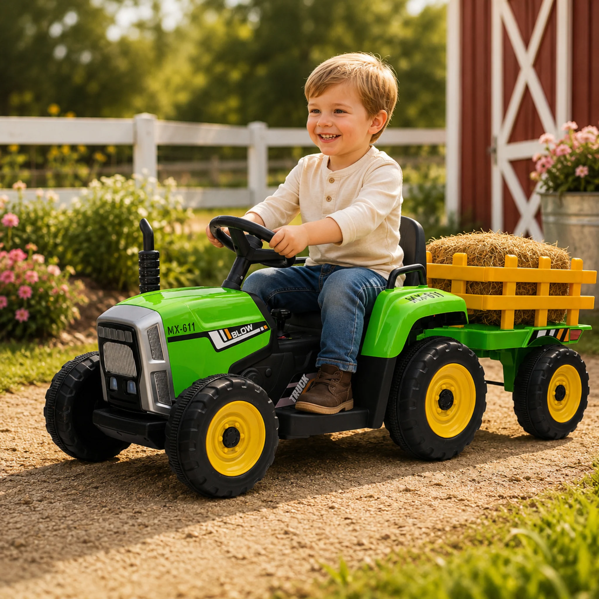 Kids Electric Ride-on Tractor with Trailer (12V Rechargeable Battery) - GREEN