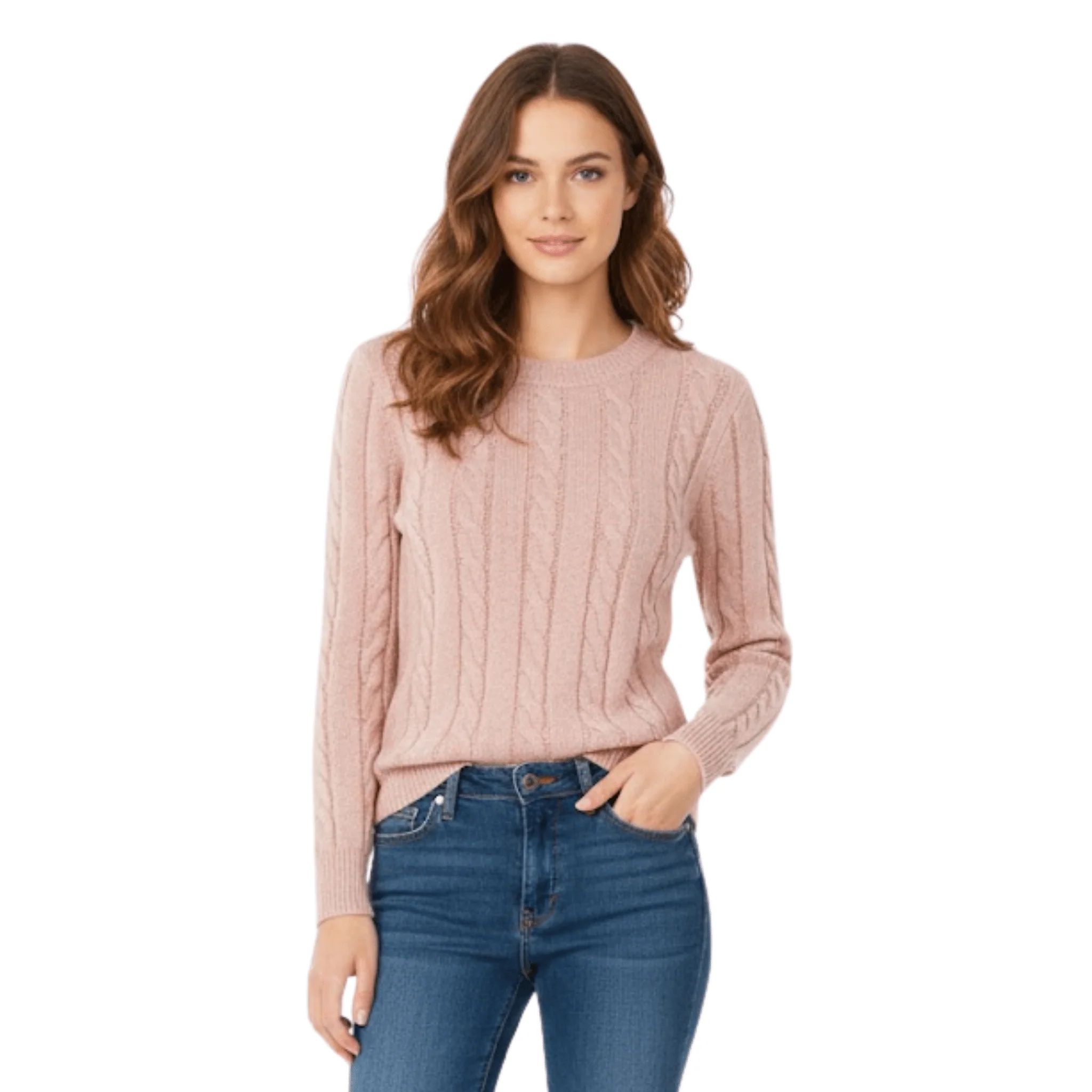 Blush Pink Cable-Knit Crewneck Sweater