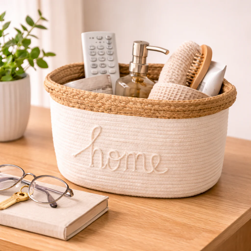 Lauren Taylor White Rope Basket with “Home” Appliqué - Image 2