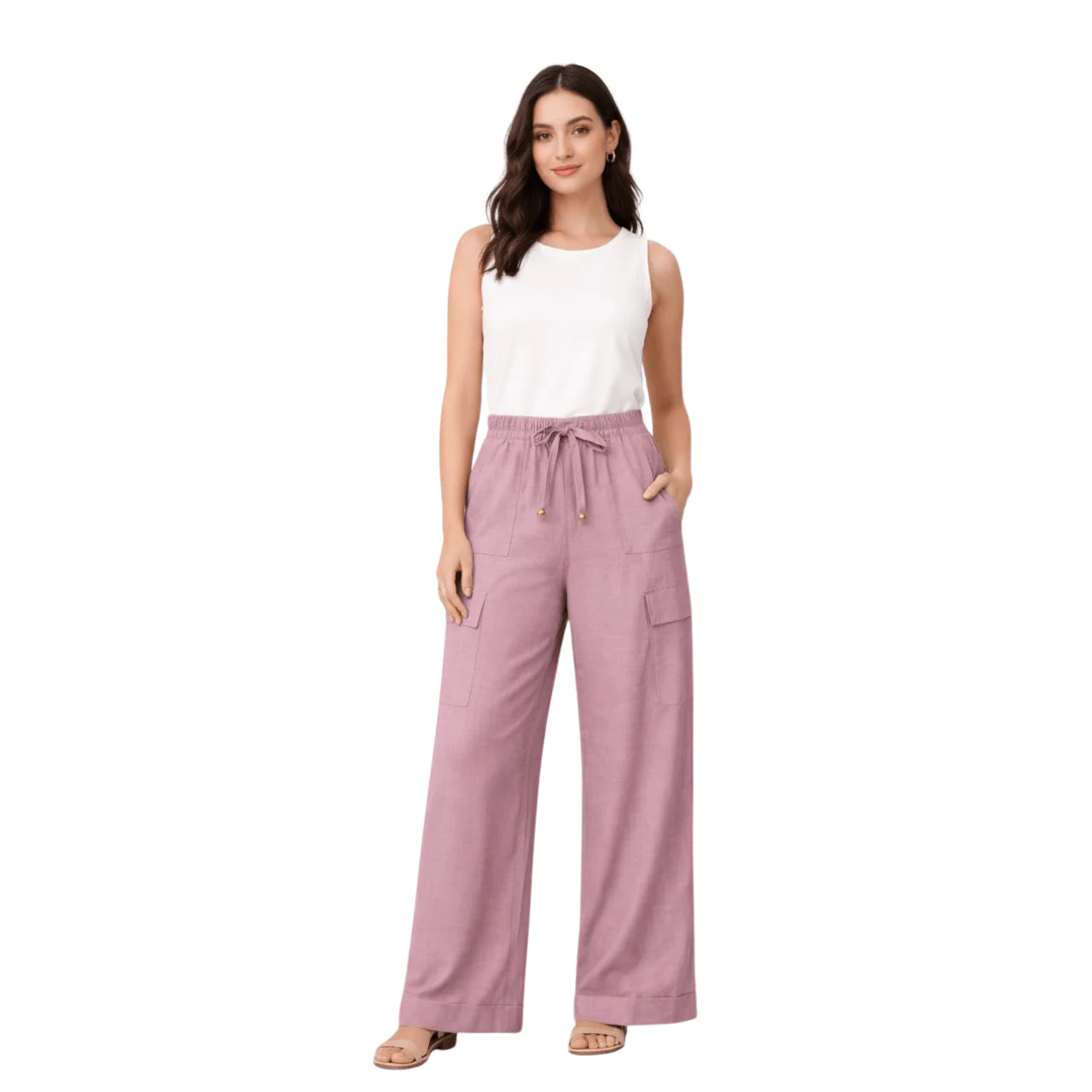 Linen-Blend Wide-Leg Cargo Pants