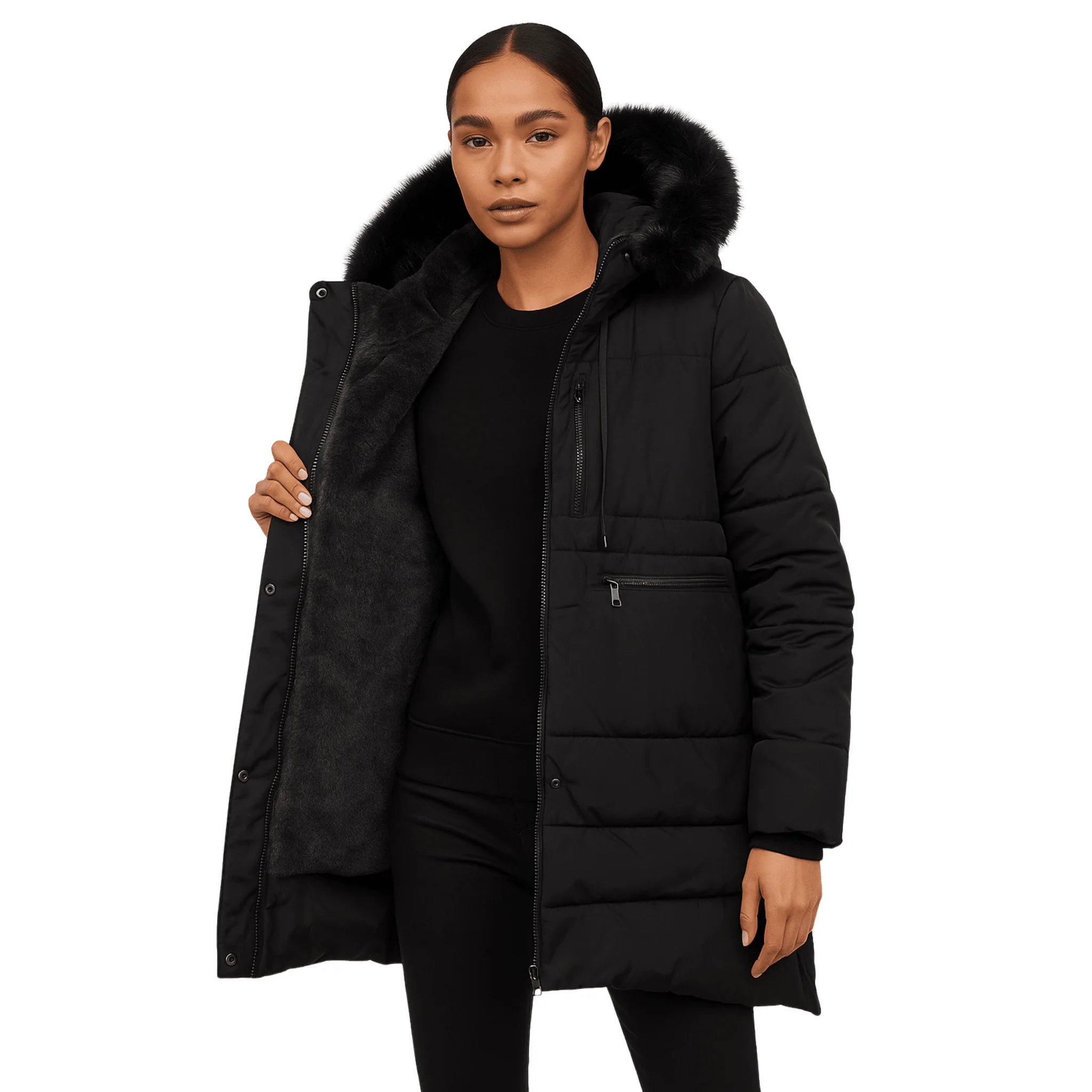 Long Puffer Coat with Faux Fur Hood