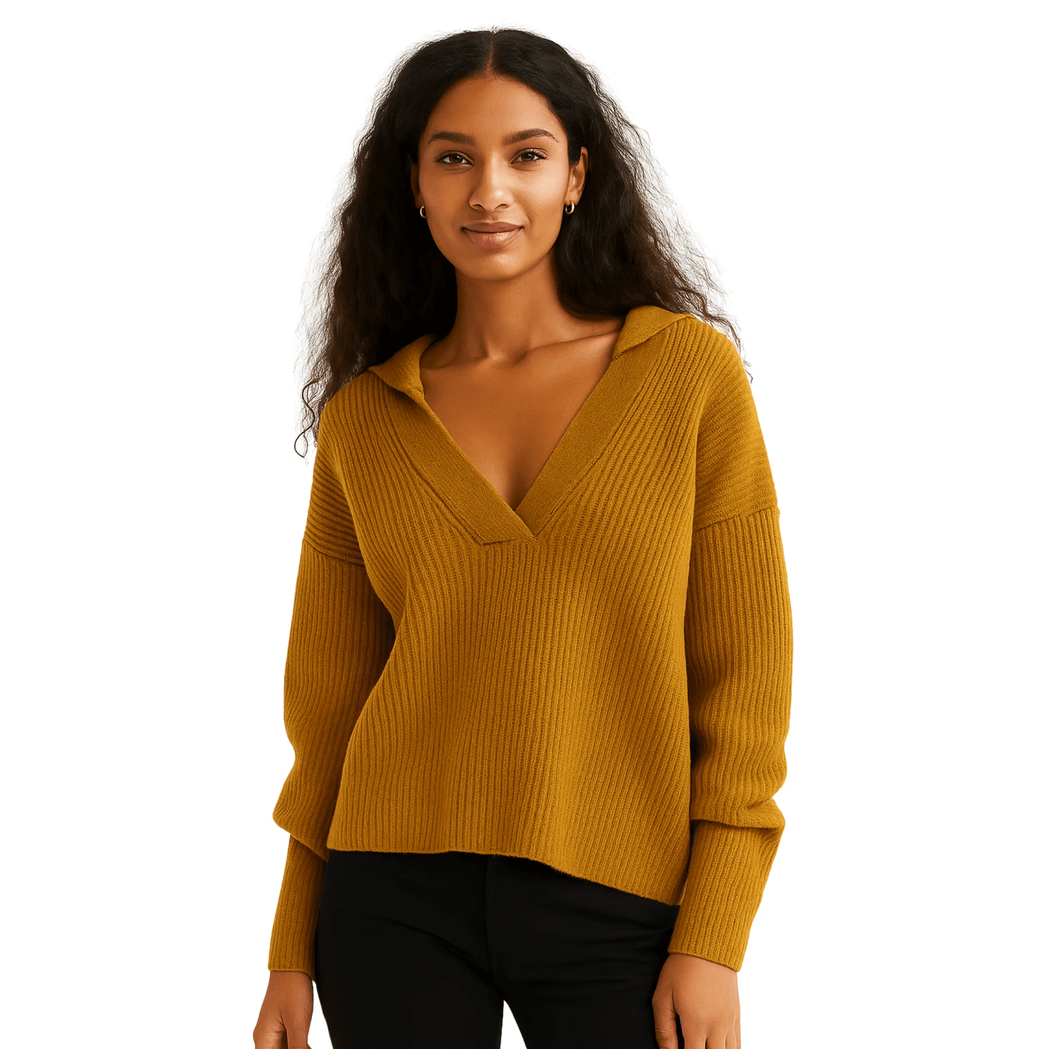 Ribbed Knit V-Neck Collar Sweater