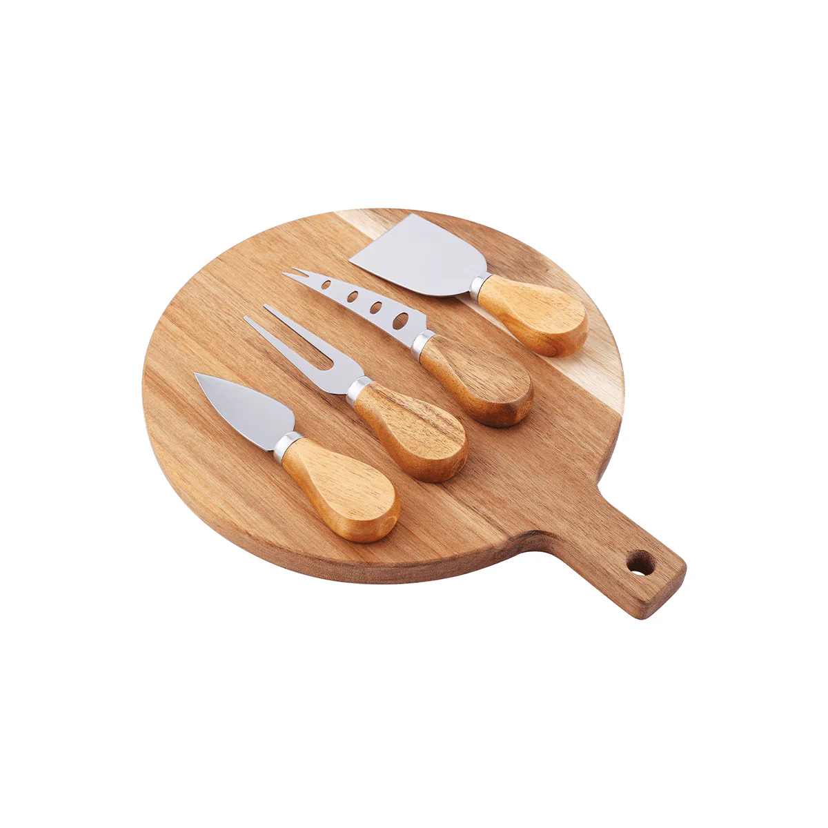 Round Acacia Wood Cutting Board with Handle and Knives