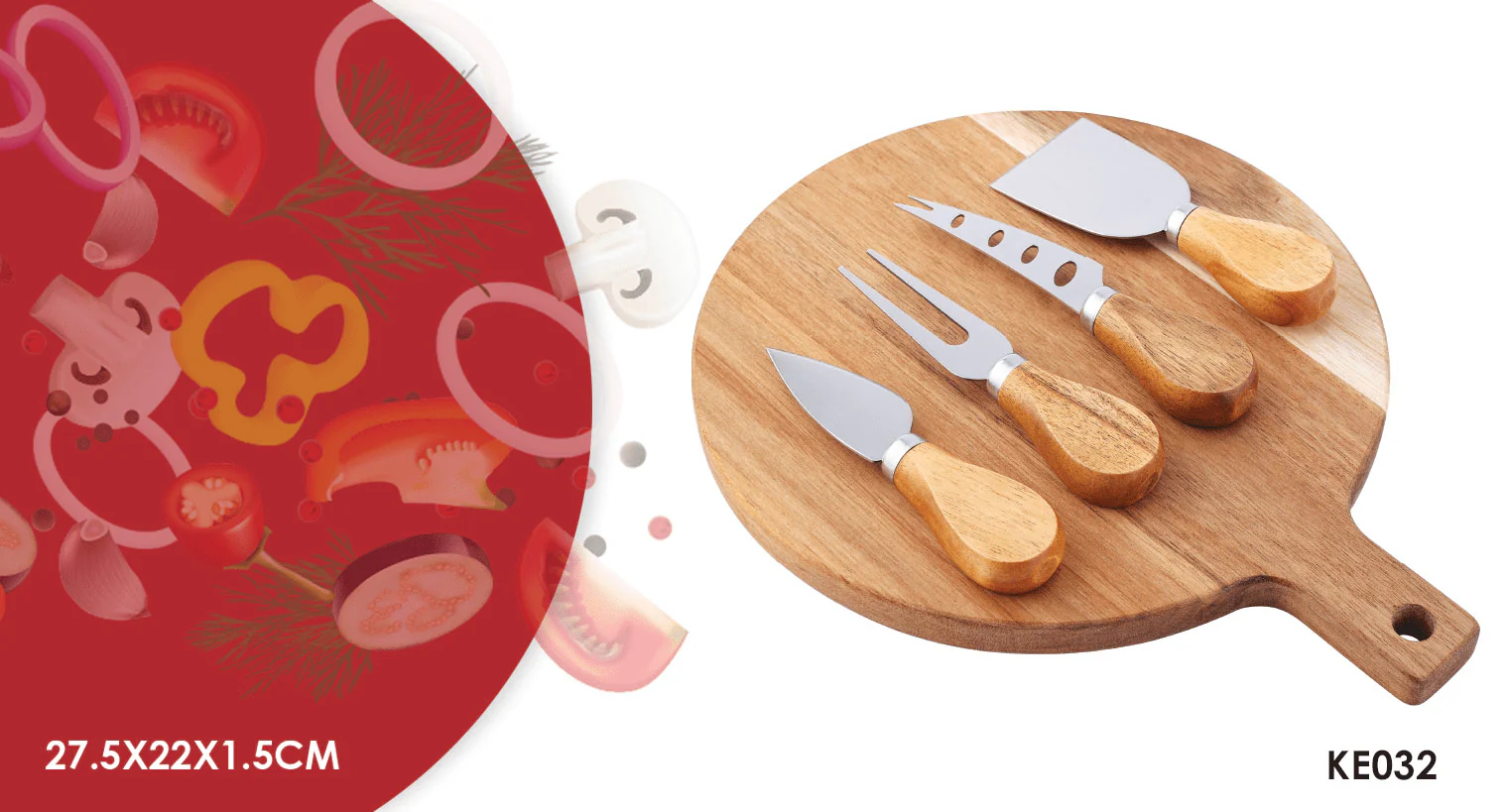 Round Acacia Wood Cutting Board with Handle and Knives - Image 2