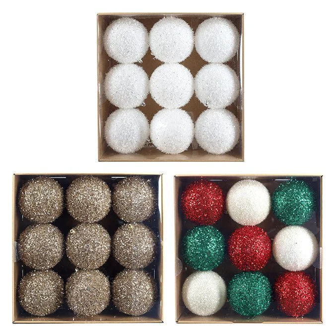 Pack of 9 Glittered Christmas Ball Ornaments – 11cm with Hooks (3 Assorted Styles)