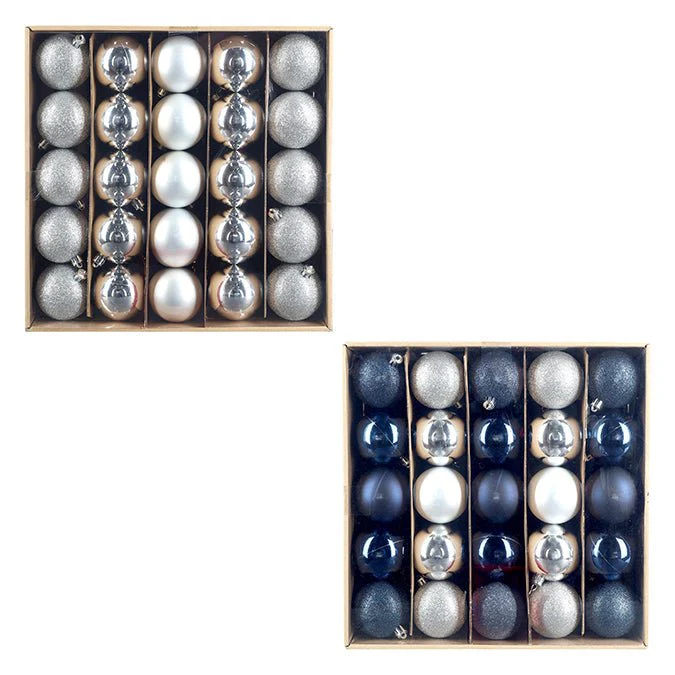 Pack of 50 Christmas Ball Ornaments – 6cm (Silver & Silver/Blue Assortments)