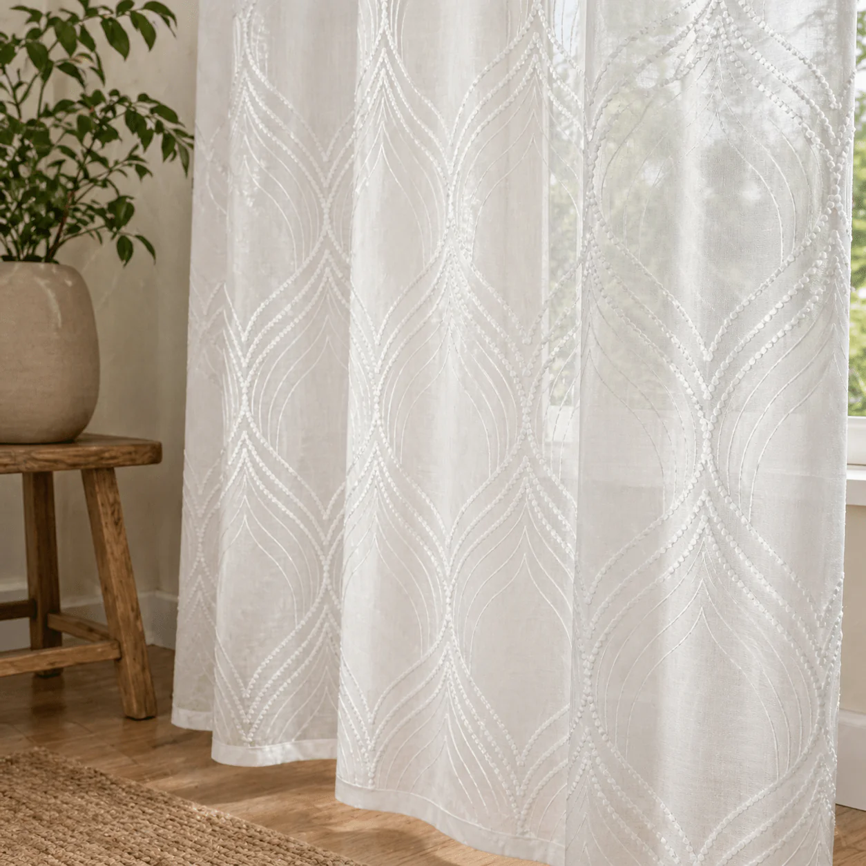Sheer Geometric Embroidered Grommet Curtain Panel – White