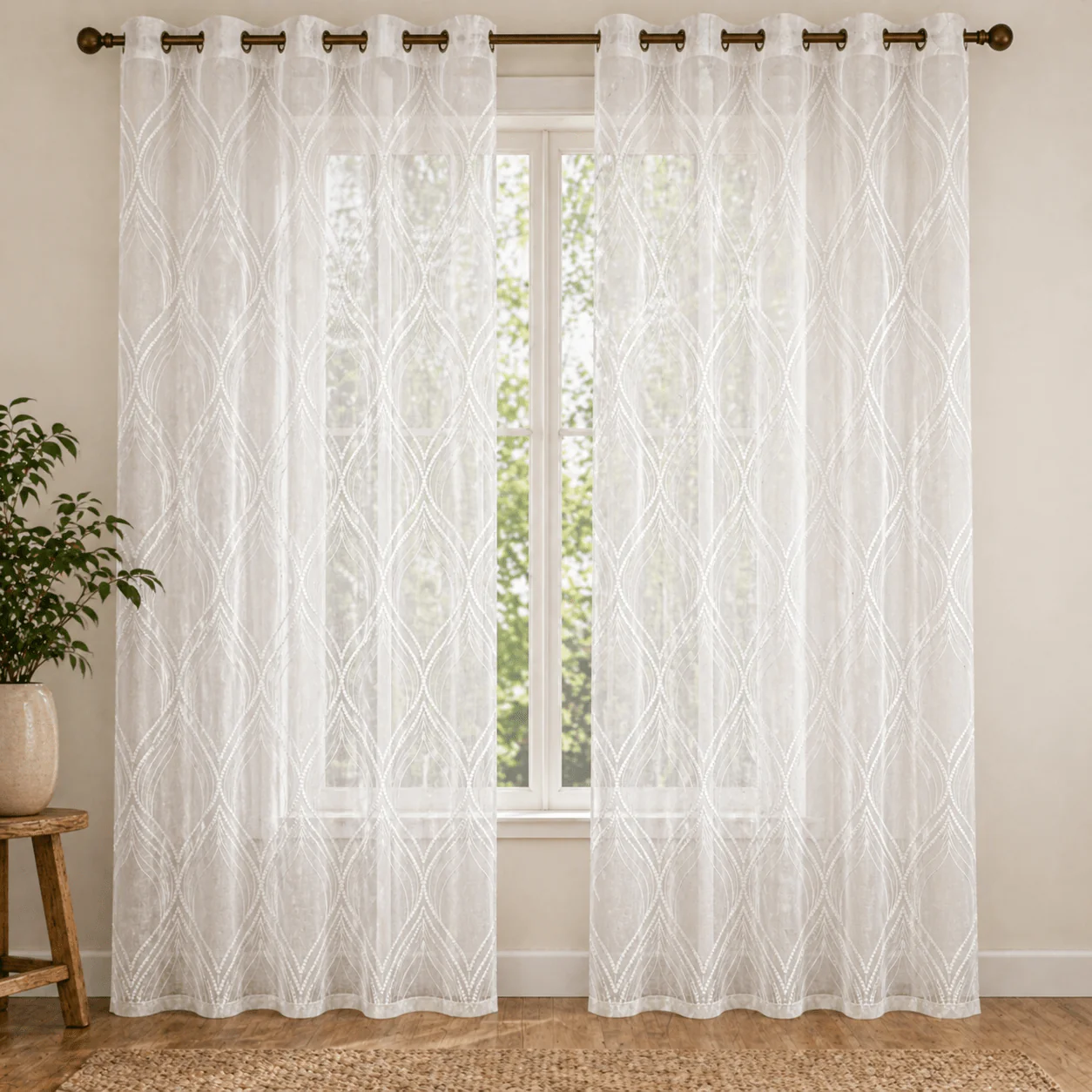 Sheer Geometric Embroidered Grommet Curtain Panel – White - Image 2