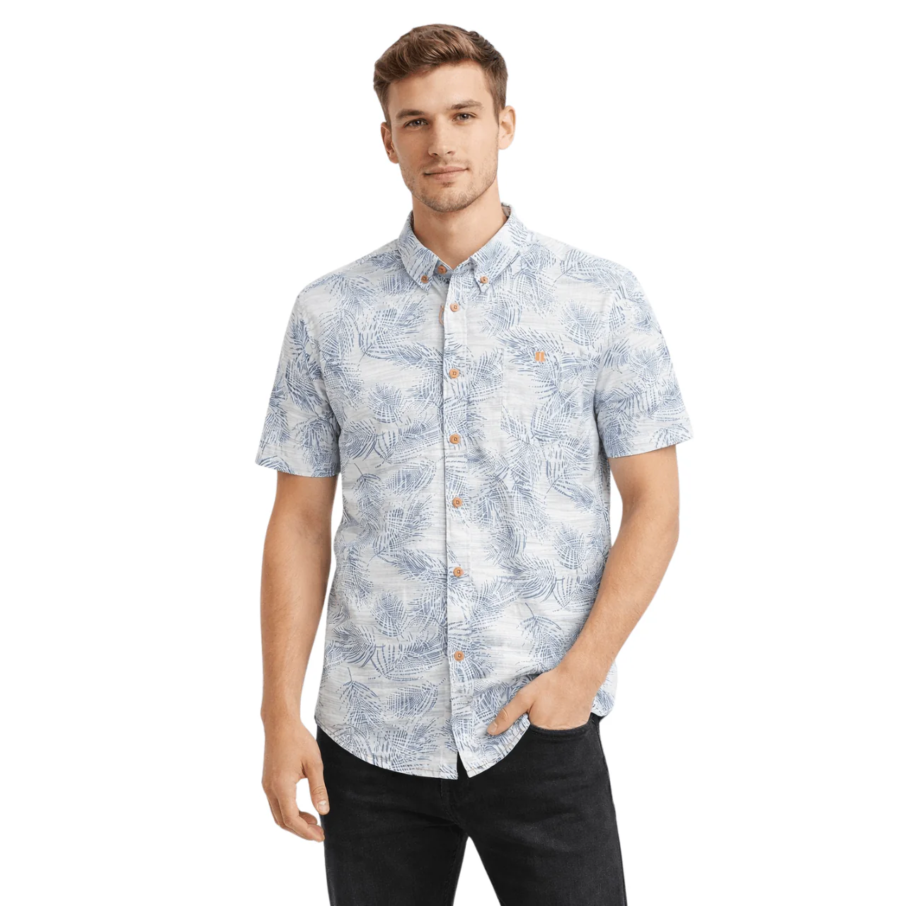 Short Sleeve Tropical Print Button-Up Shirt