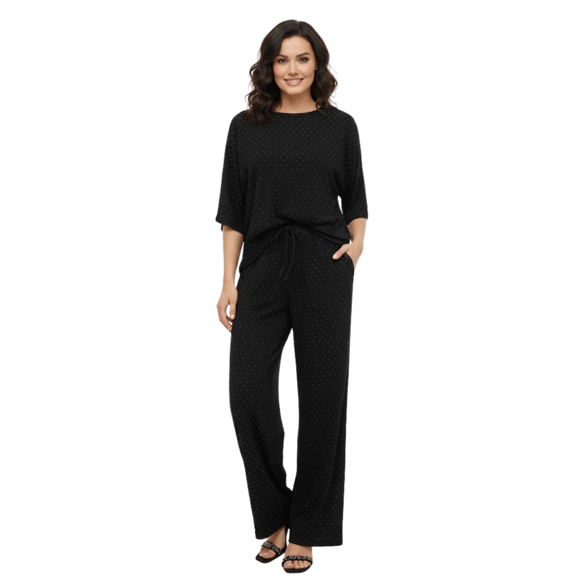 Soft Dotted Wide-Leg Lounge Set with Drawstring Top - Image 2