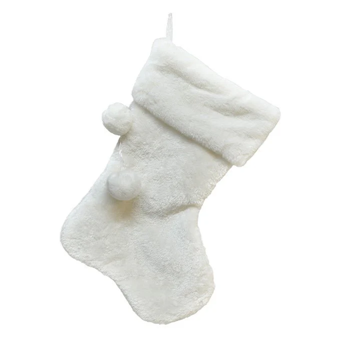 Hanging Faux Fur Stocking with Pom Poms – 45.75cm (White)