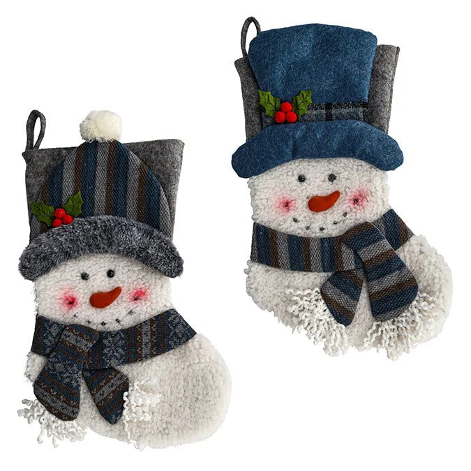 Fabric Snowman Stocking with Hat & Scarf – 50.8cm (2 Assorted: White/Blue/Grey)