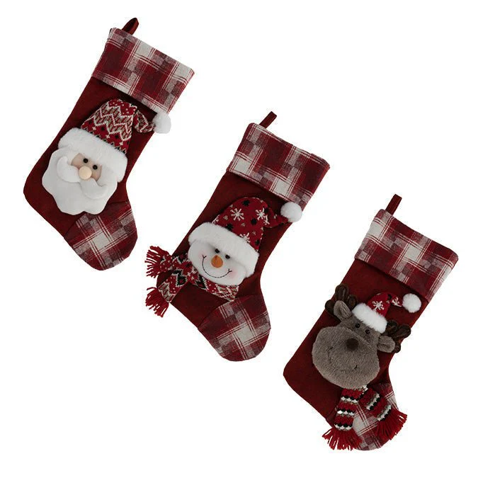 Fabric Stocking with Plush Figure – 47cm (3 Assorted: Santa, Snowman & Reindeer, Red/White)