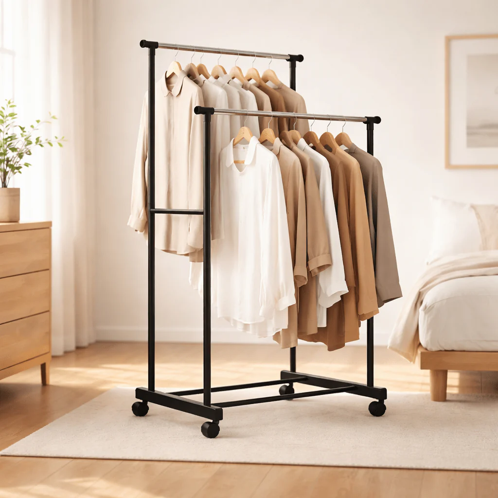 Double Row Rolling Clothes Rack – Adjustable Metal Garment Organizer - Image 2