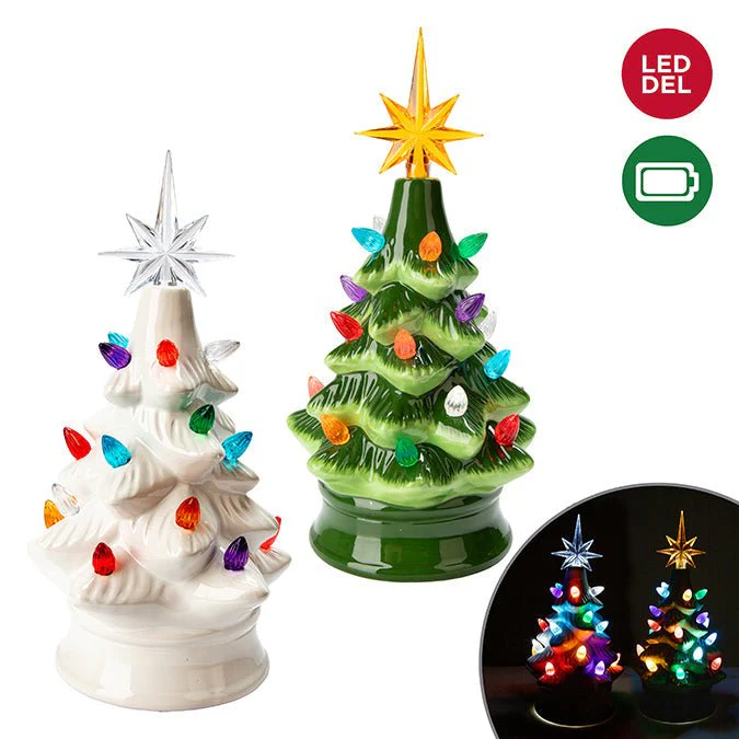Ceramic Tabletop Christmas Tree – 24cm with Star & Mini Light Reflectors (Assorted White & Green)