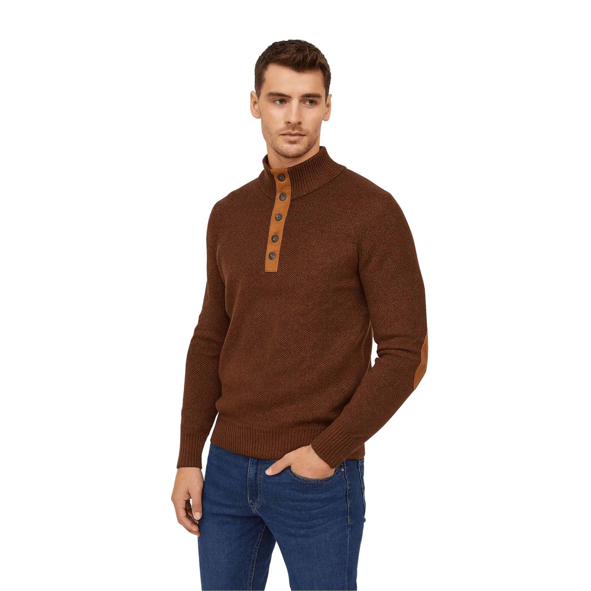 Textured Knit Henley Sweater with Elbow Patches