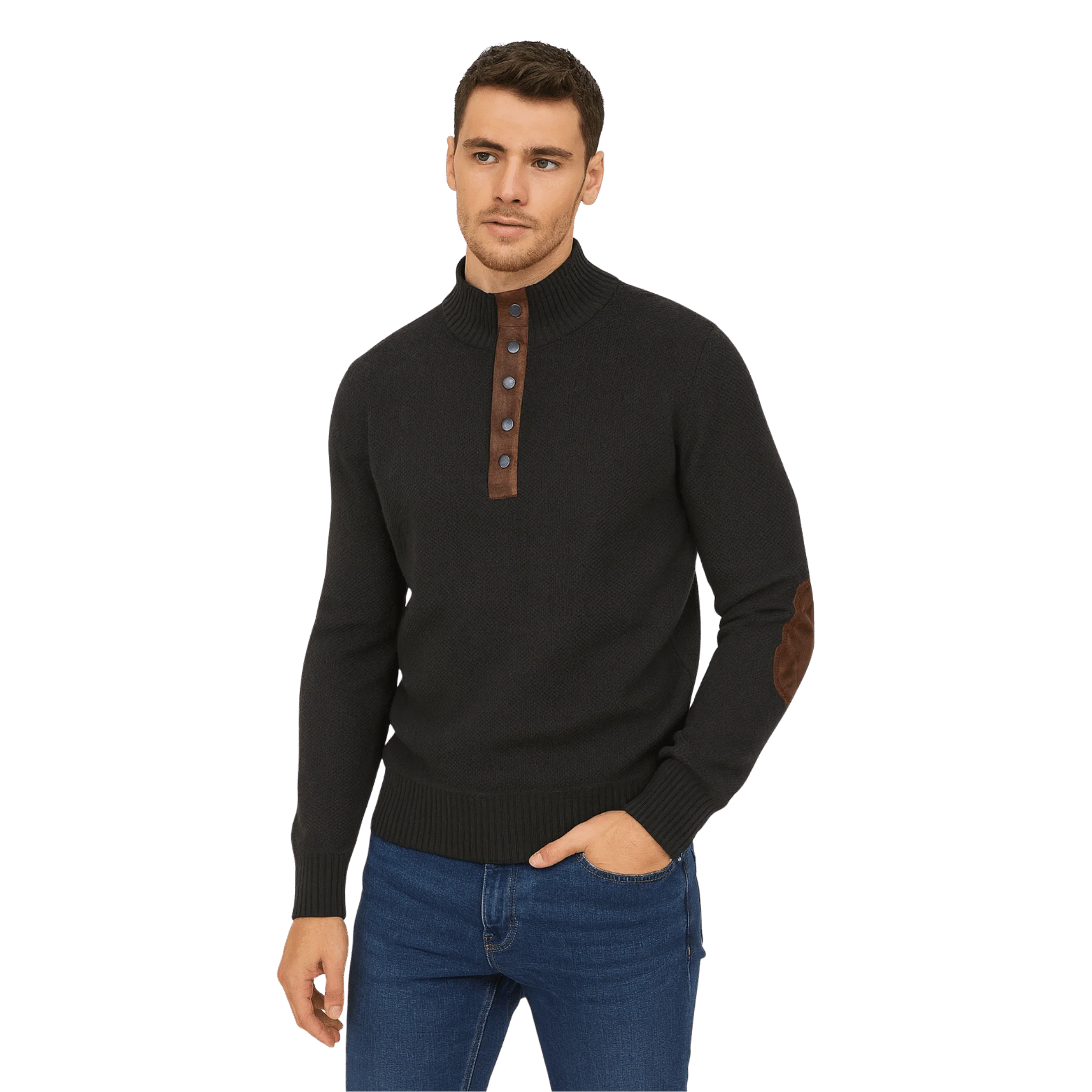 Textured Knit Henley Sweater with Elbow Patches - Image 2