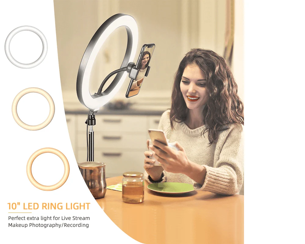 Tiktok | 10" Selfie Ring Lignt With Tripod & 3 Cell Phone Holders - Image 3