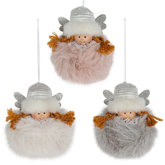 Fabric Angel with Furry Round Body Hanging Ornament – 11cm (3 Assorted: Pink, White & Grey)