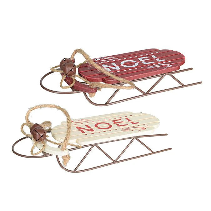7" Hanging Wooden Sleigh Ornaments – Noel Design (Red & White, 2 Assorted)