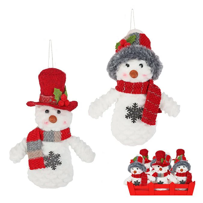 Fabric Snowman with Hat & Scarf Ornament – 13.97cm (2 Assorted: White/Red/Grey, 12pcs/Basket)