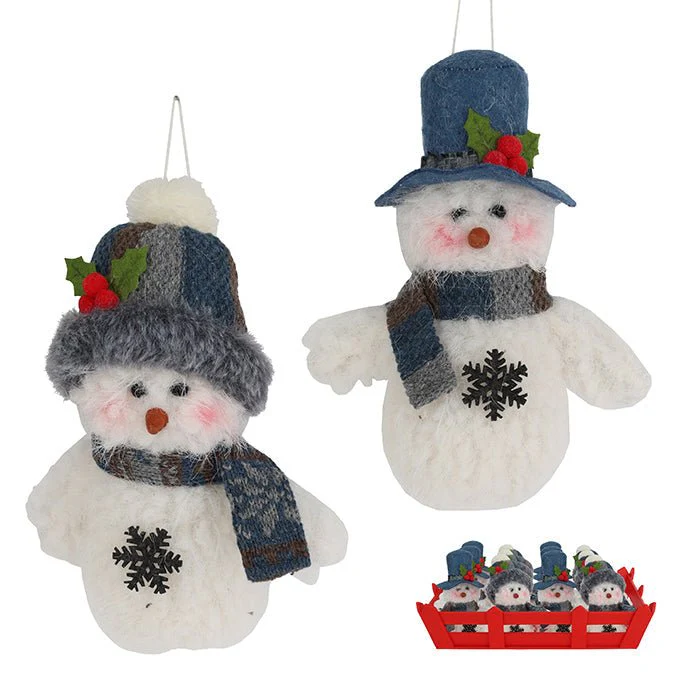 Fabric Snowman Ornament with Hat & Scarf – 13.9cm (2 Assorted: White/Blue, 12pcs/Basket)
