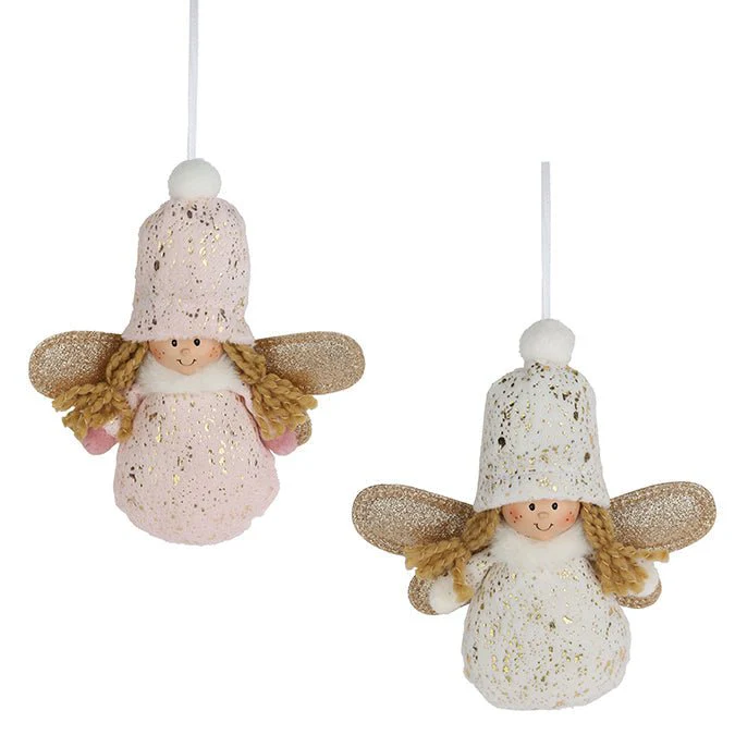 Fabric Angel with Furry Skirt Hanging Ornament – 17cm (2 Assorted: Pink & Grey)