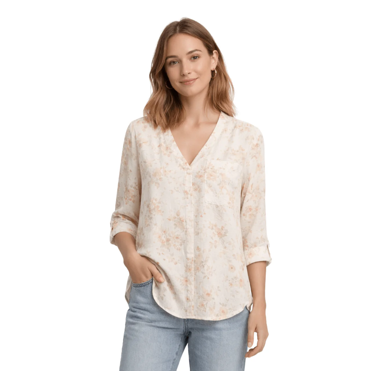 V-Neck Roll-Tab Sleeve Blouse - Image 4