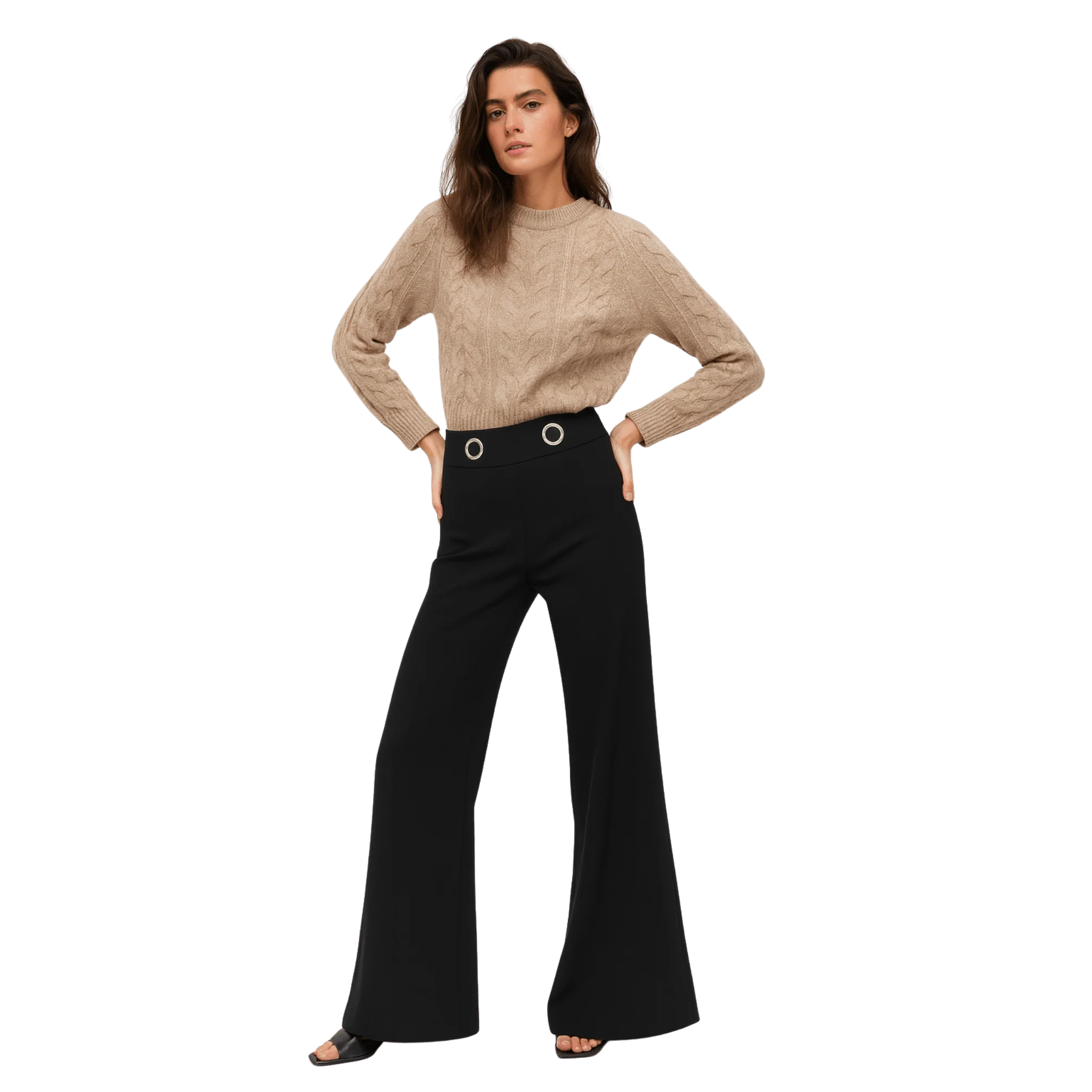 Wide-Leg Pants with Metallic Grommet Waist