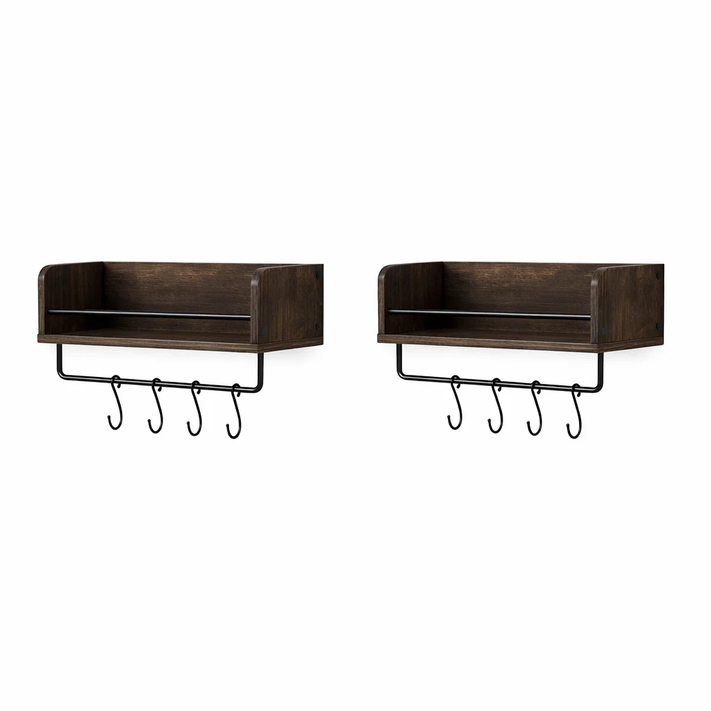 Wooden Wall Shelf with Hooks – Rustic Storage Organizer