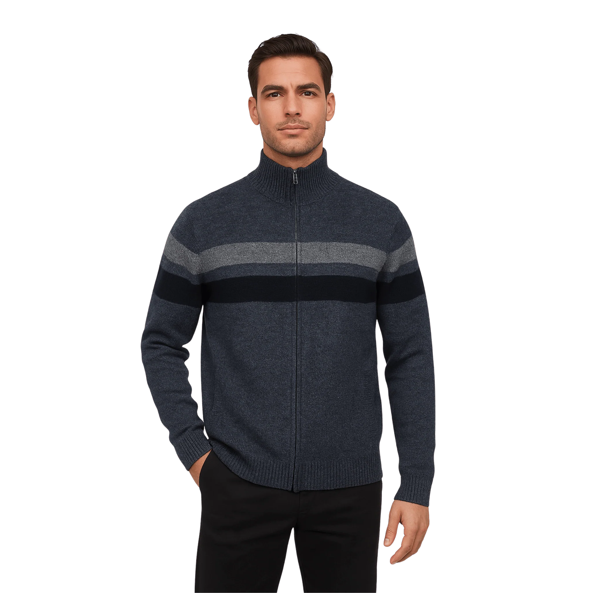Zip-Up Knit Sweater with Contrast Stripes