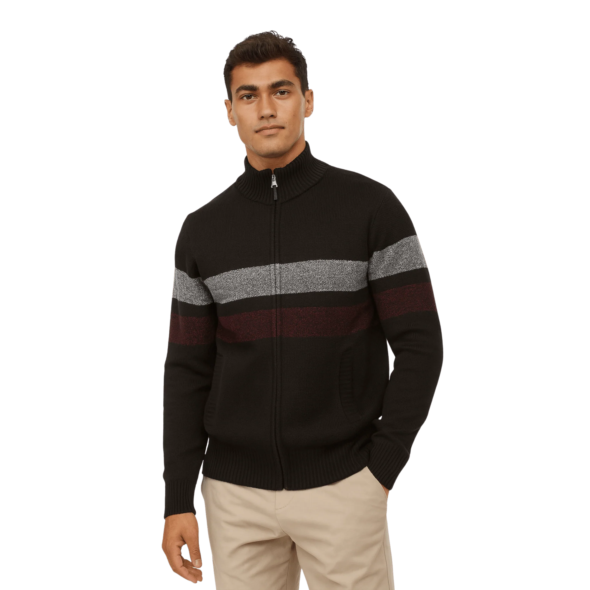 Zip-Up Knit Sweater with Contrast Stripes - Image 2